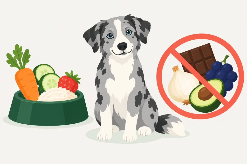 Illustration mit geeigneten und ungeeigneten Lebensmitteln für Hunde