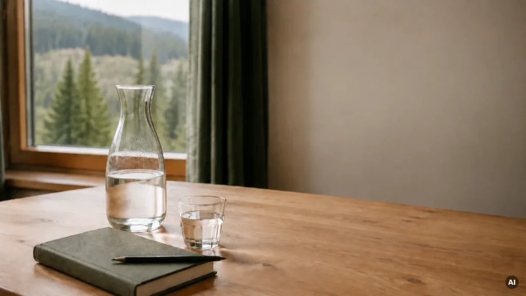 Glaskaraffe, Wasserglas und Notizbuch vor einem Fenster mit Blick auf bewaldete Hügel