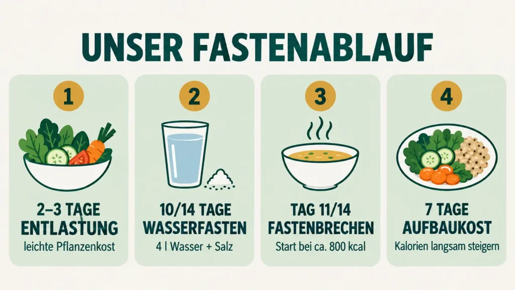 Illustrierte Zeitleiste mit Entlastungstagen, vollen Fastentagen, Fastenbrechen und Aufbaukost
