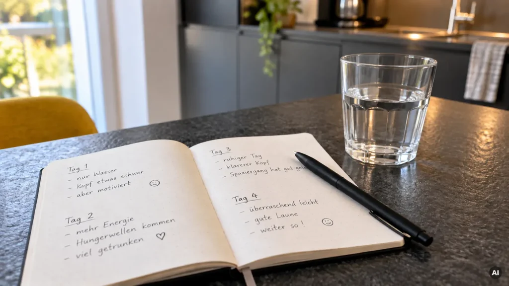 Aufgeschlagenes Notizbuch mit Stift und Wasserglas auf einer dunklen Kücheninsel